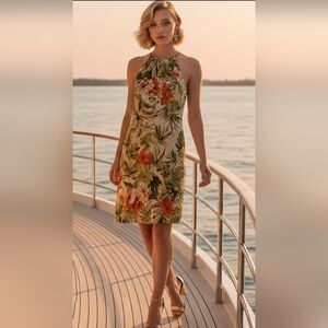 Talbots SZ 16 NWT Vintage Pure Silk Troopical Floral Keyhole Resortwear Dress